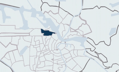 Stylized map highlighting the Houthavens area in dark blue within Amsterdam.