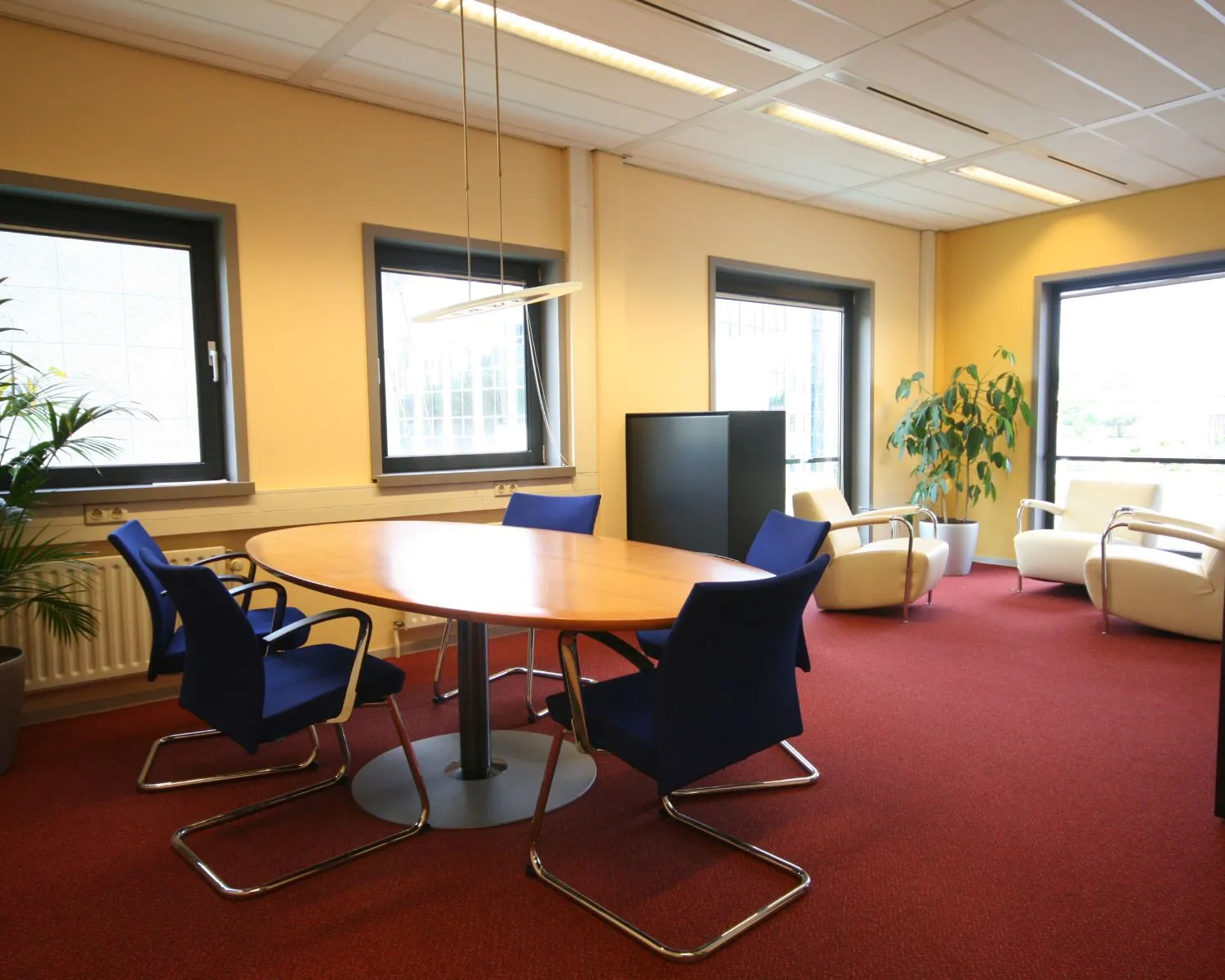 Vergaderruimte met ovale houten tafel, blauwe stoelen, witte fauteuils en grote ramen met uitzicht.