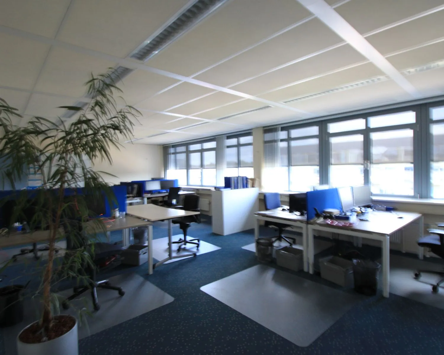 Ruim, modern kantoorpand met meerdere werkplekken, computers en grote ramen die natuurlijk licht binnenlaten.