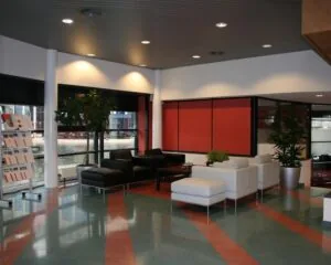 Moderne wachtruimte met zwarte en witte leren zitmeubels, grote planten en uitzicht op het water door de ramen.