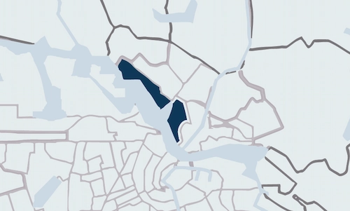 Map highlighting the IJ riverbanks area in Amsterdam, marked in dark blue.