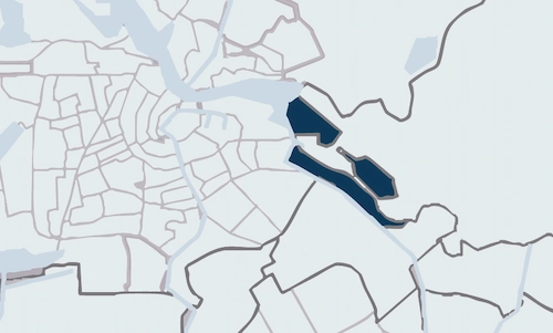 Map highlighting the IJburg area in dark blue within the city of Amsterdam.