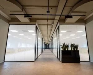 Moderne kantoorruimte aan de Boerhaavelaan 26 met glazen wanden, strakke afwerking en plantenbak in de gang.