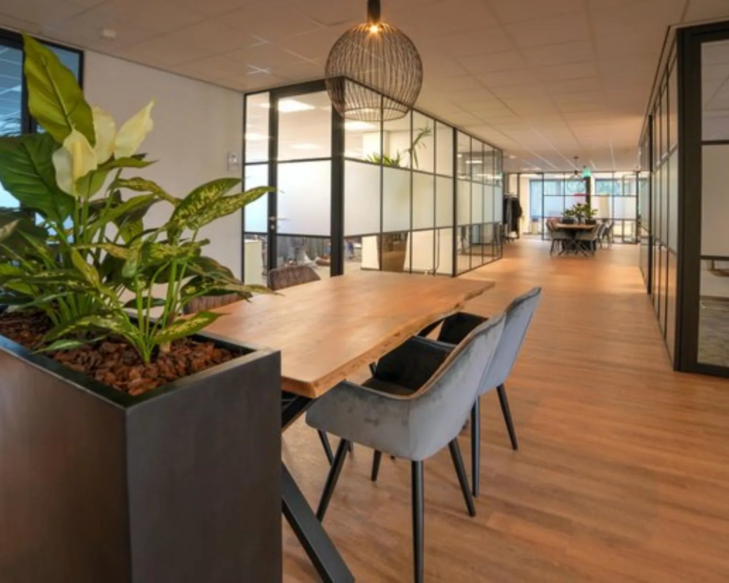 Moderne kantoorruimte aan de Cypresbaan 3 met glazen vergaderruimtes, houten vloer en een stijlvolle inrichting met planten en designmeubilair.