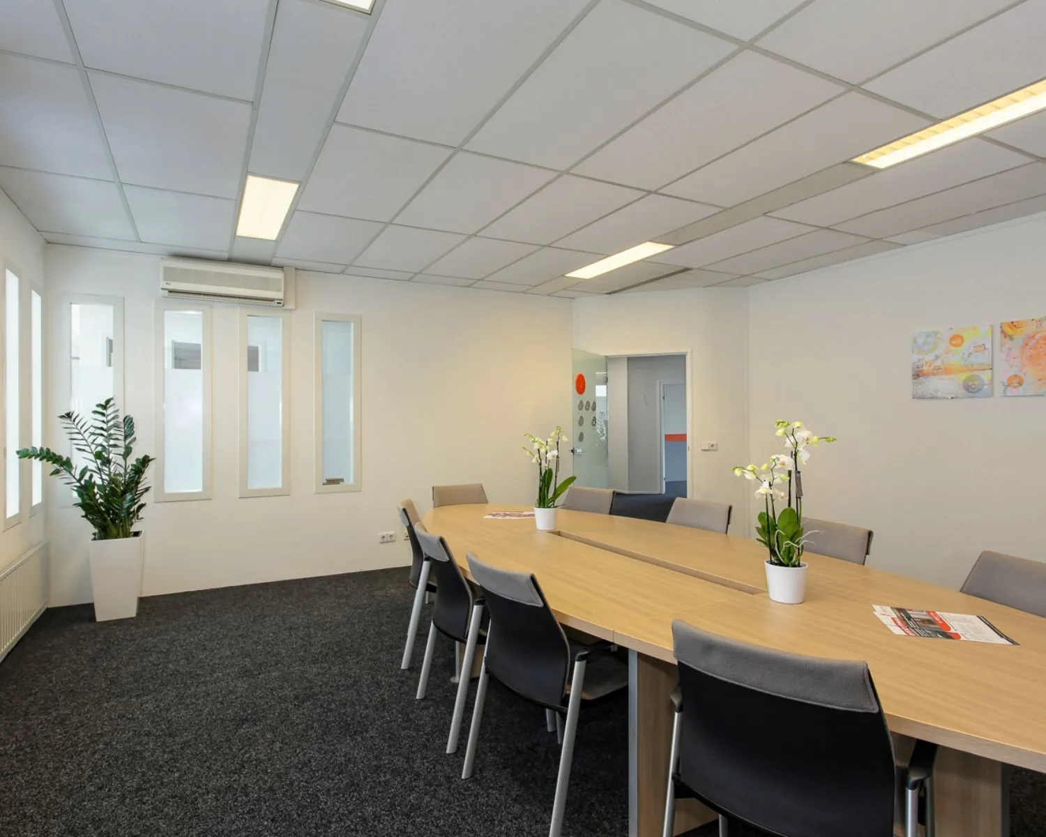 Vergaderruimte in kantoorpand aan De Limiet 15 in Vianen met lange tafel, moderne stoelen en kamerplanten.