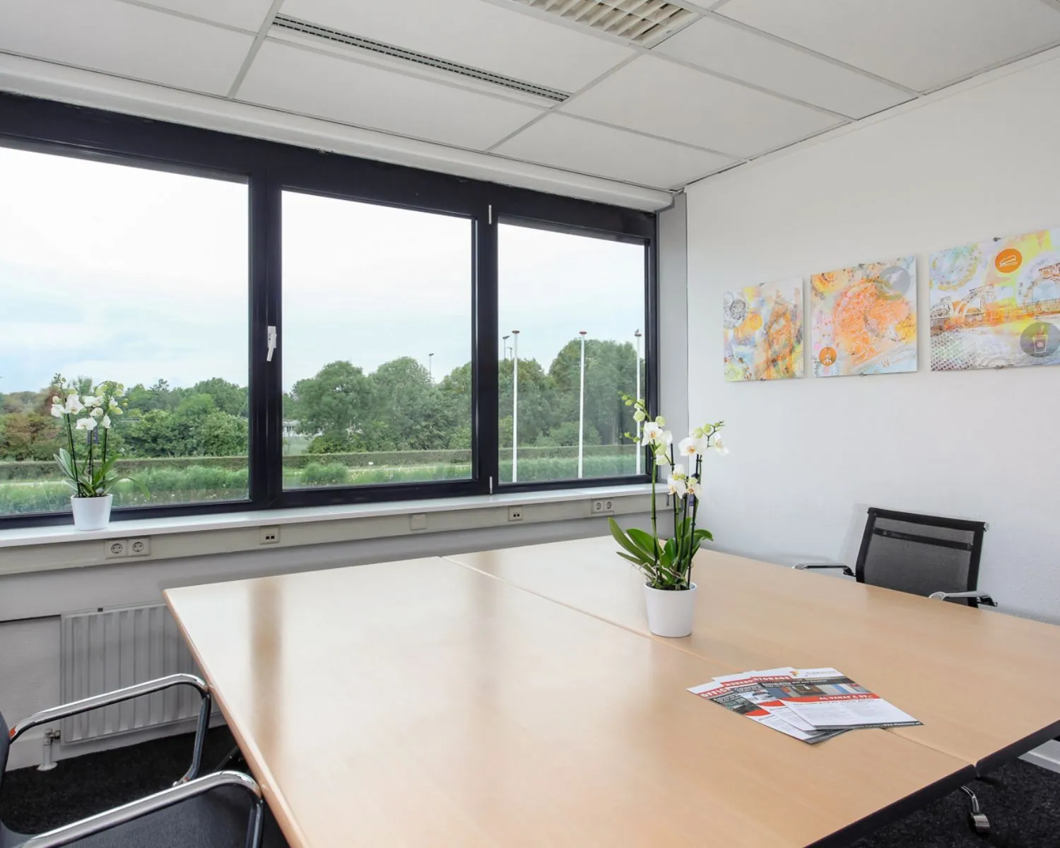 Moderne vergaderruimte met grote ramen, strakke inrichting en uitzicht op groen bij De Limiet 15 in Vianen.