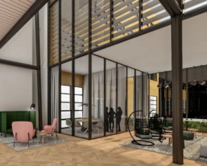 Moderne kantoorruimte aan de Wenckebachweg 123 in Amsterdam met glazen vergaderruimte, loungehoek en stijlvolle inrichting.