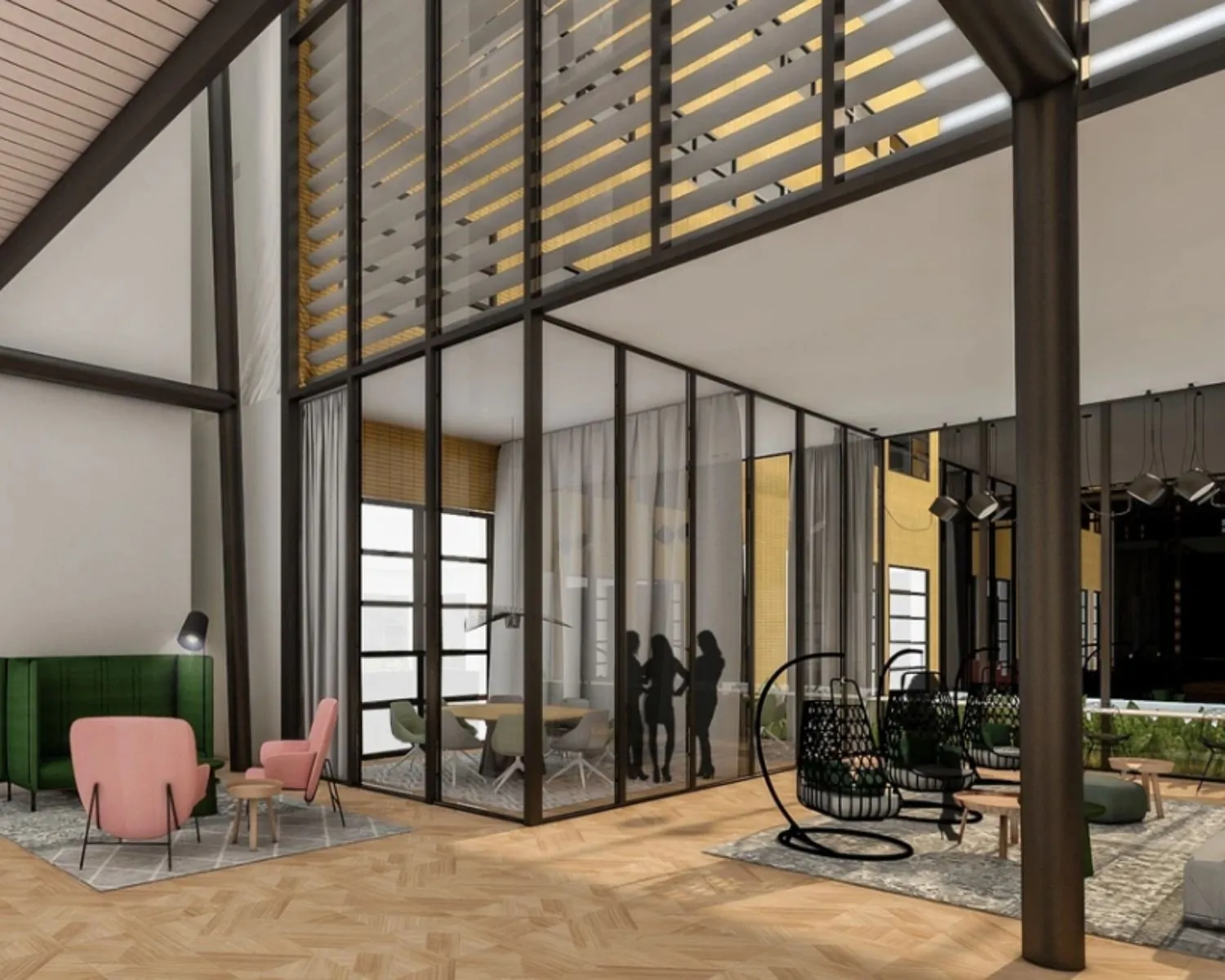 Moderne kantoorruimte aan de Wenckebachweg 123 in Amsterdam met glazen vergaderruimte, loungehoek en stijlvolle inrichting.