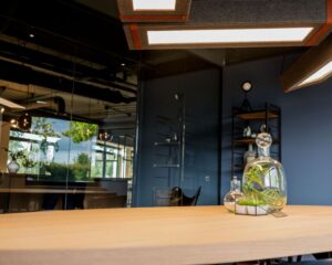 Moderne kantoorruimte aan de Hanzelaan 351 in Zwolle met houten tafel, glazen plantenornamenten en stijlvolle verlichting.