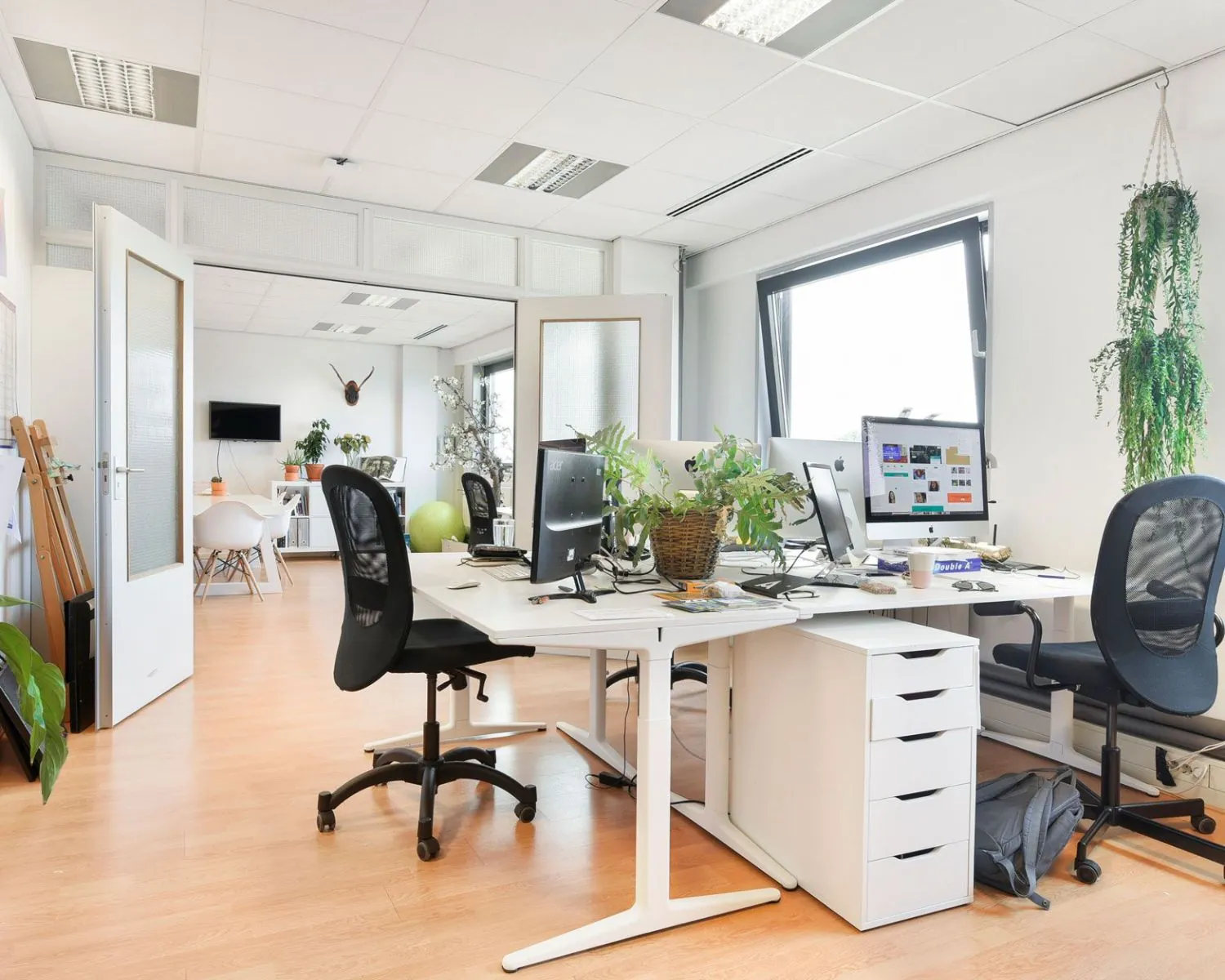 Moderne, lichte kantoorruimte met werkplekken en planten aan de Joan Muyskenweg 40 in Amsterdam.