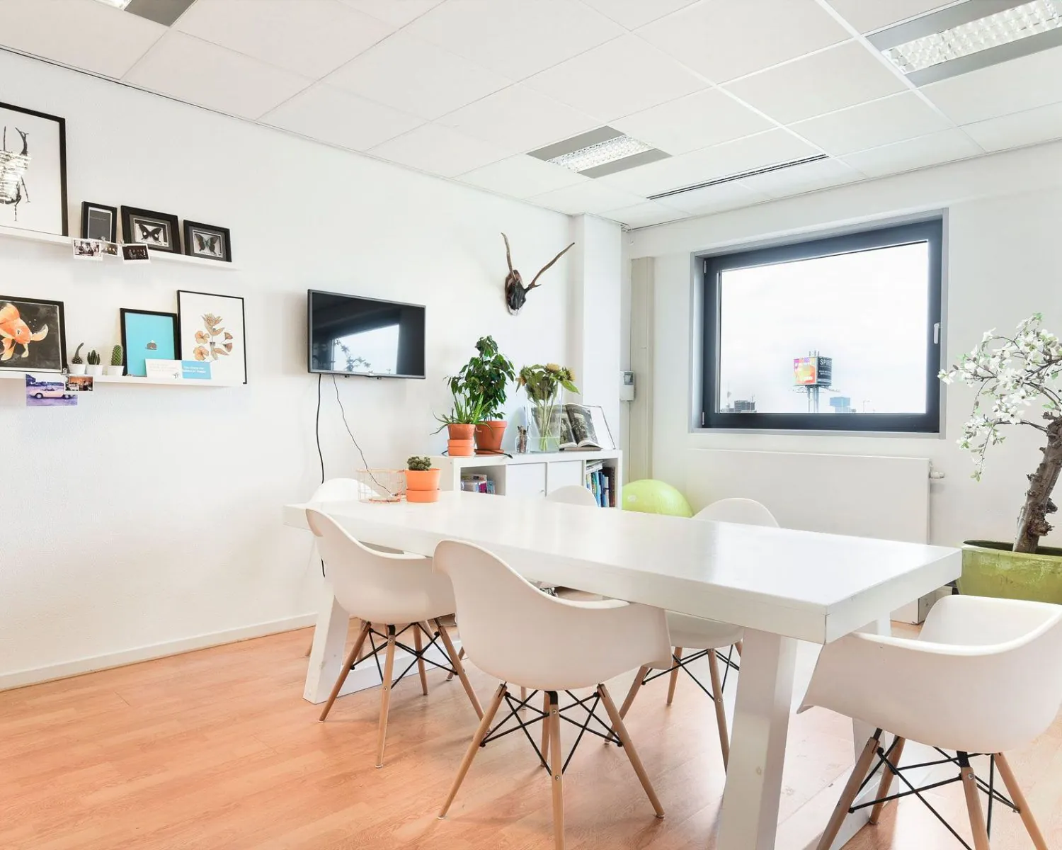 Moderne kantoorruimte aan de Joan Muyskenweg in Amsterdam met witte tafel, designstoelen, planten en wanddecoratie.