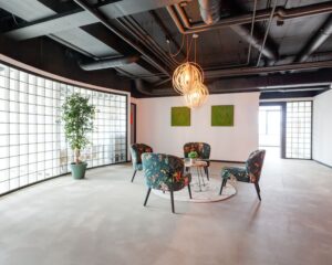 Moderne kantoorruimte aan de Turfstekerstraat 63 in Aalsmeer met een zitgedeelte, planten en glazen bouwstenen.