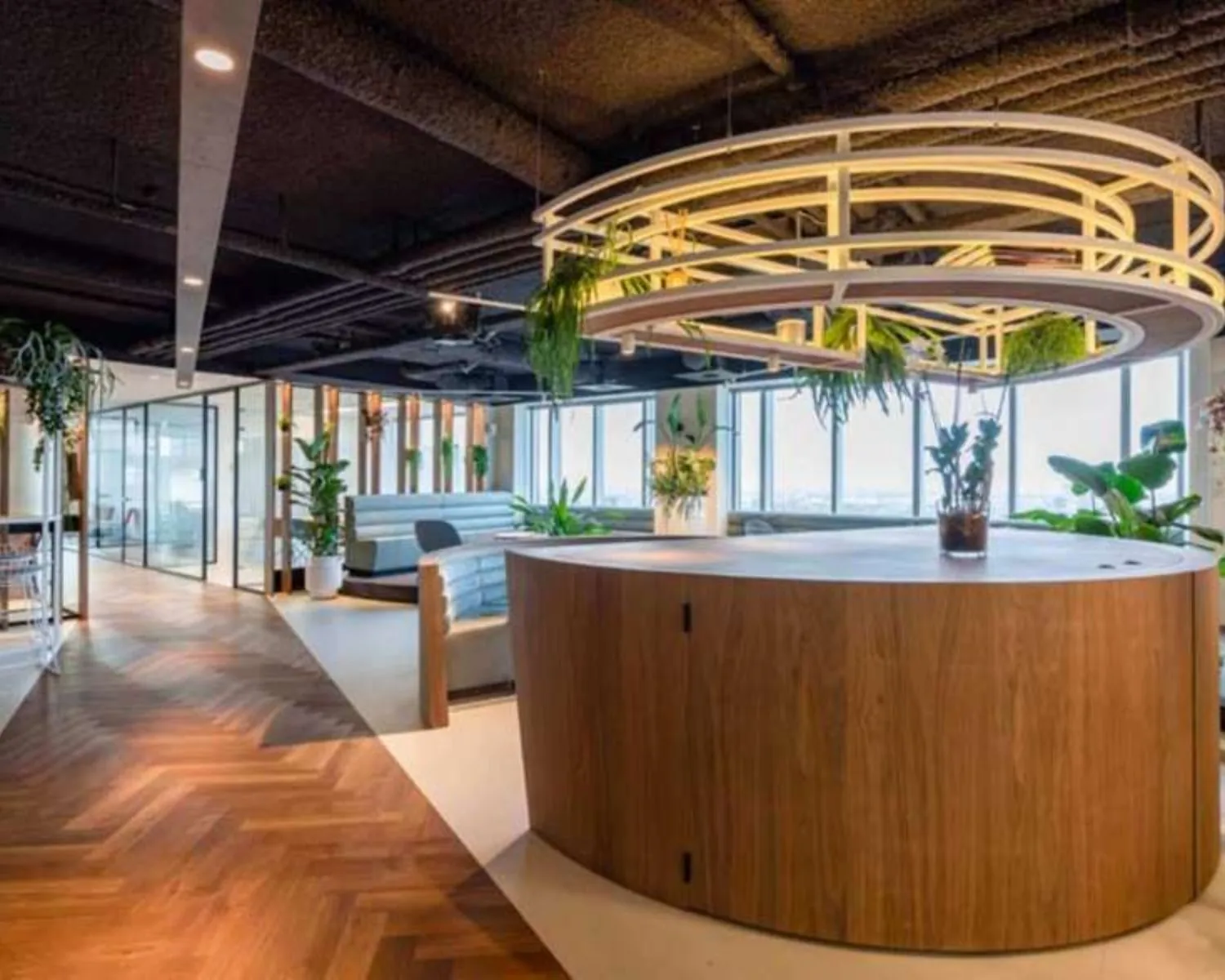 Moderne kantoorruimte aan de Weena 778 met houten vloeren, glazen vergaderruimtes en veel groen.