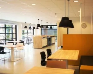 Moderne kantine in een kantoorpand aan de Zonnebaan 8 in Utrecht met houten tafels, designstoelen en grote ramen.