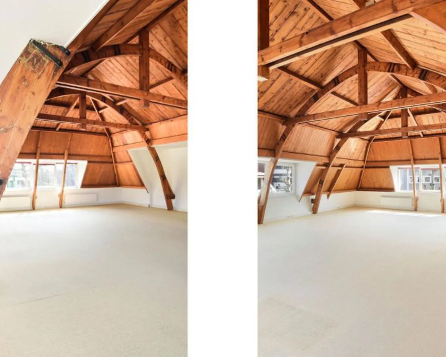 Ruime kantoorruimte met hoge houten balkenplafonds en grote ramen aan het Houtplein 22 in Haarlem.