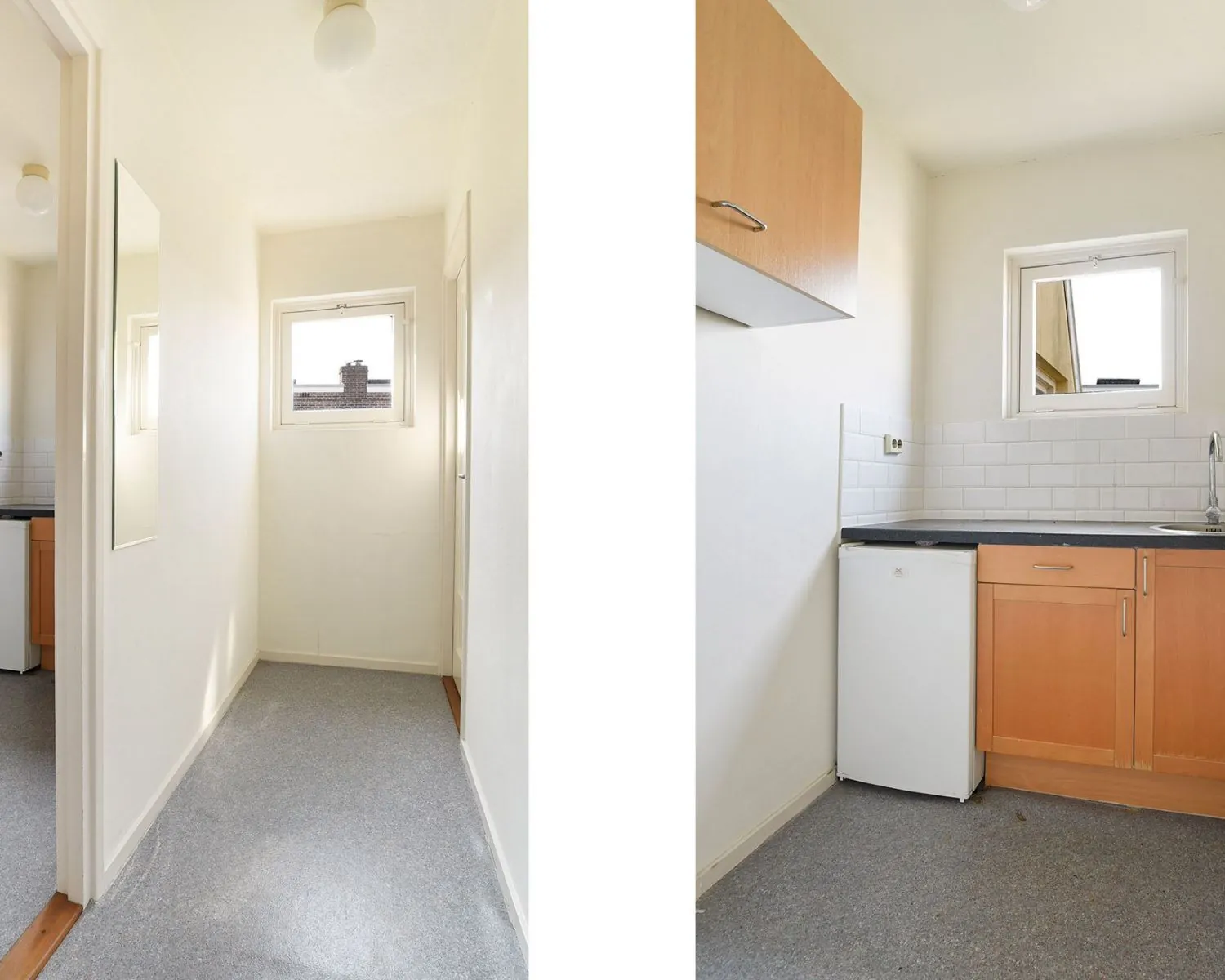 Kleine keuken en smalle gang met raam in kantoorruimte aan het Houtplein 22 in Haarlem.