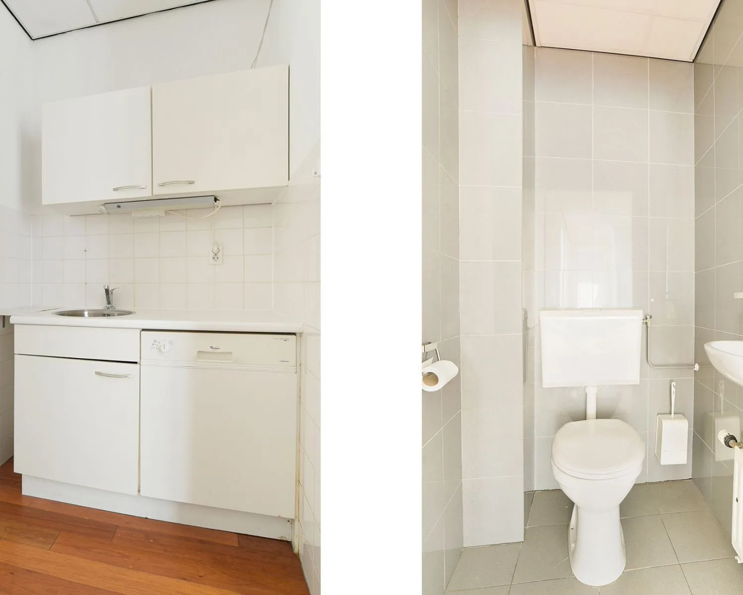 Keukenblok met spoelbak en vaatwasser naast een toiletruimte in een kantoorruimte aan het Houtplein 22 in Haarlem.