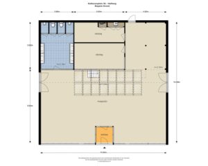 Plattegrond van de begane grond van een kantoorruimte te huur aan het Kalkovenplein 3b in Halfweg, met magazijn, opslagruimtes, toiletten en entree.