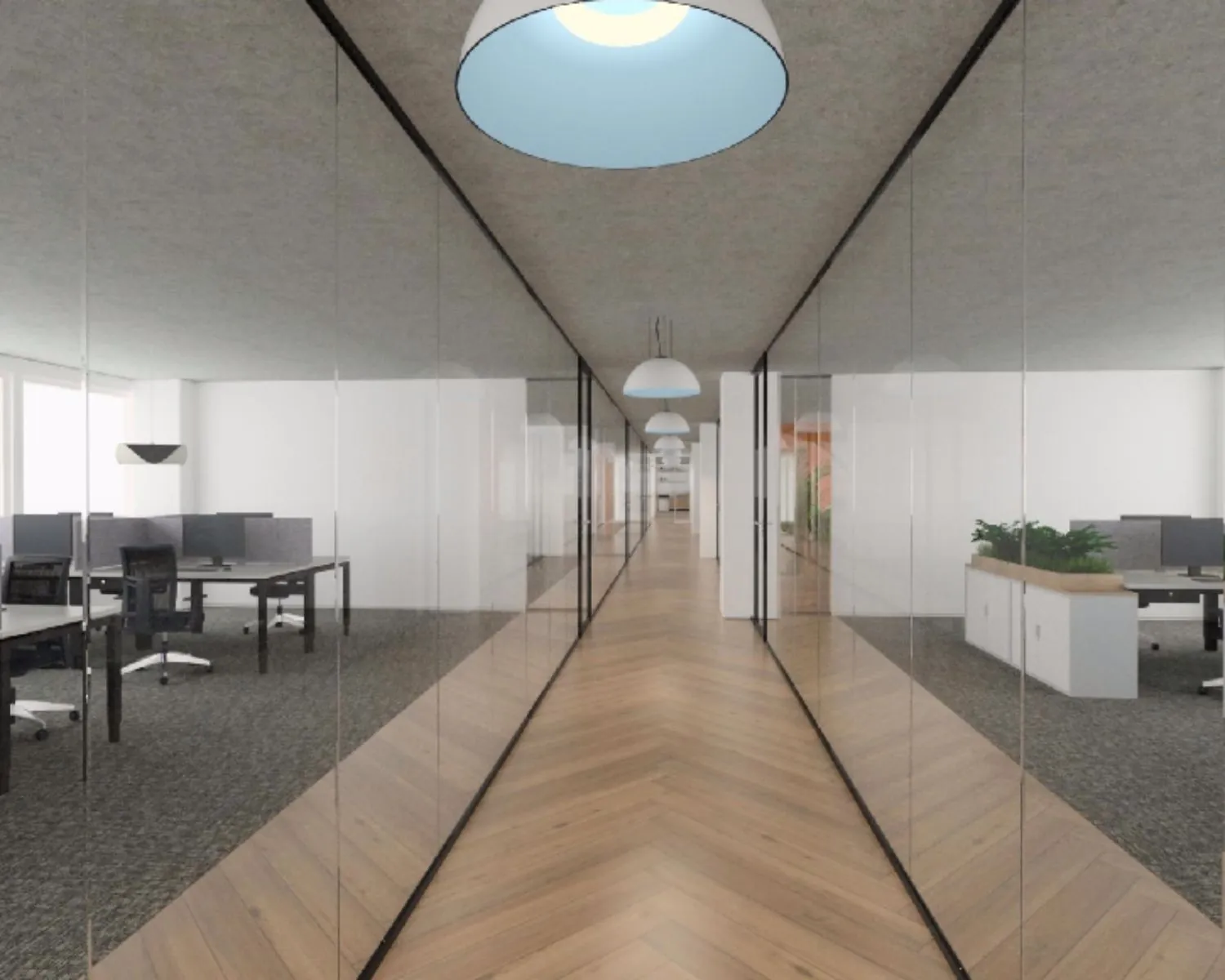 Moderne kantoorruimte aan de Overschiestraat in Amsterdam met glazen wanden en gedeelde werkplekken.