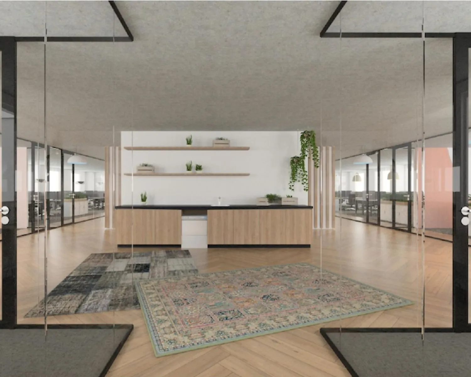 Moderne kantoorruimte aan de Overschiestraat in Amsterdam met houten vloer, glazen wanden en een receptiebalie.