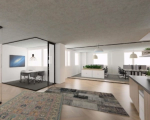 Moderne kantoorruimte aan de Overschiestraat in Amsterdam met open werkplekken, vergaderruimte en strakke inrichting.