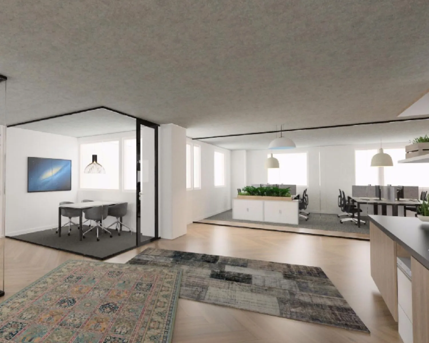 Moderne kantoorruimte aan de Overschiestraat in Amsterdam met open werkplekken, vergaderruimte en strakke inrichting.