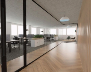 Moderne kantoorruimte met glazen wanden en werkplekken aan de Overschiestraat in Amsterdam.