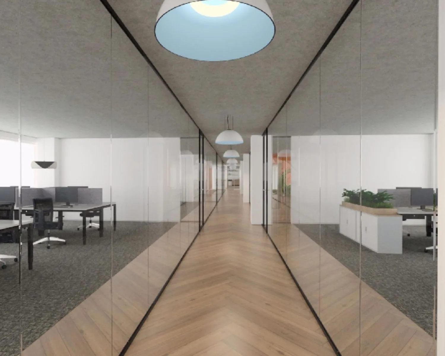 Moderne kantoorruimte aan de Overschiestraat in Amsterdam met glazen wanden en werkplekken aan beide zijden van een centrale gang.