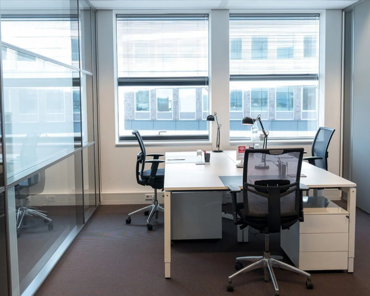 Moderne kantoorruimte met twee werkplekken en grote ramen aan het Smallepad 32 in Amersfoort.