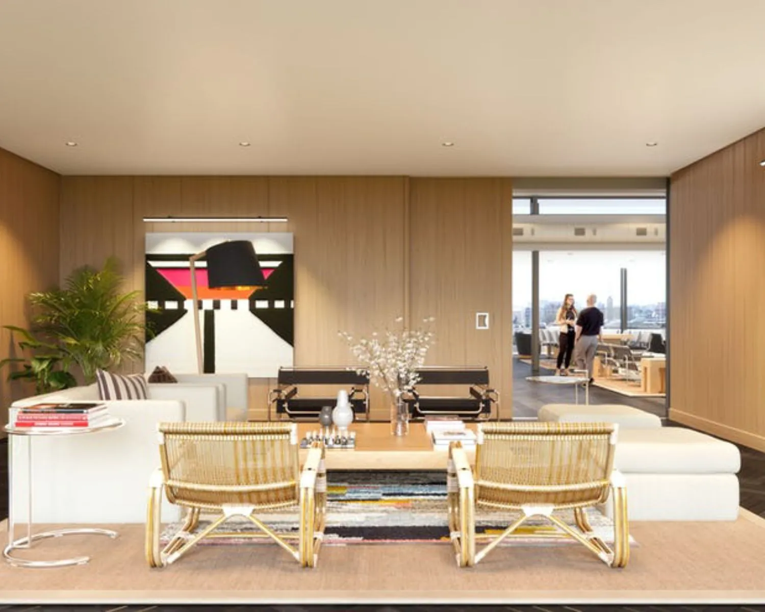 Moderne kantoorruimte met stijlvolle zithoek en uitzicht op vergaderruimte aan de Stadhouderskade in Amsterdam.