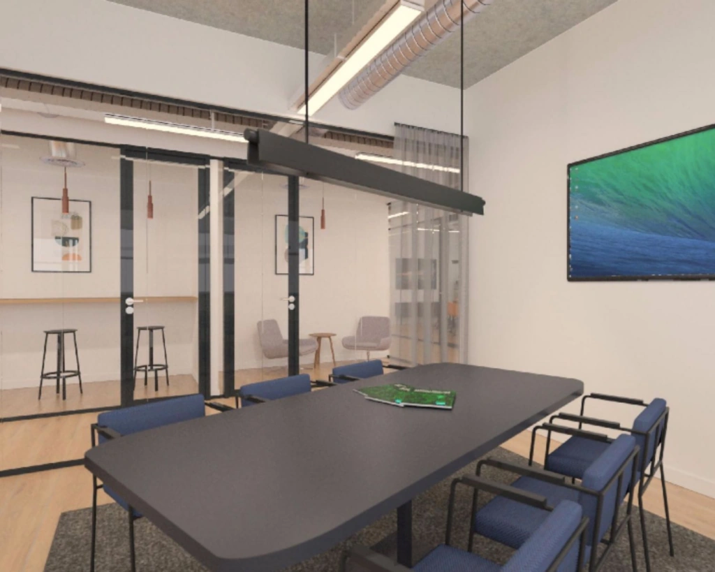 Moderne vergaderruimte aan de Teleportboulevard 120 in Sloterdijk, Amsterdam, met glazen wanden, vergadertafel, scherm en comfortabele stoelen.