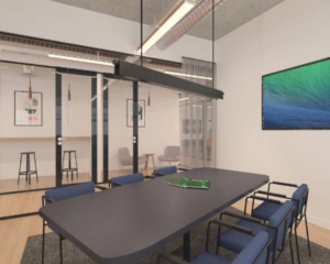 Moderne vergaderruimte aan de Teleportboulevard 120 in Sloterdijk, Amsterdam, met glazen wanden, vergadertafel, scherm en comfortabele stoelen.