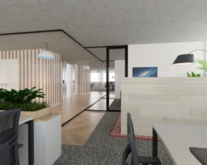 Moderne kantoorruimte aan de Teleportboulevard 120 in Sloterdijk, Amsterdam met glazen wanden, houten accenten en werkplekken met planten.