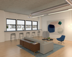 Moderne kantoorruimte met zithoek, bar met krukken en grote ramen aan de Teleportboulevard 120 in Sloterdijk, Amsterdam.
