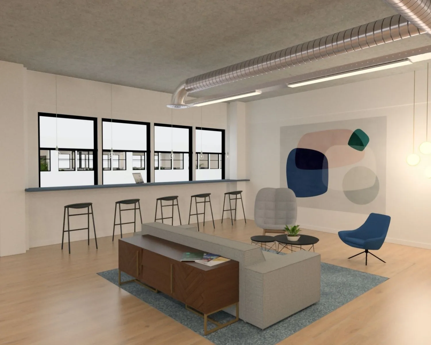 Moderne kantoorruimte met zithoek, bar met krukken en grote ramen aan de Teleportboulevard 120 in Sloterdijk, Amsterdam.