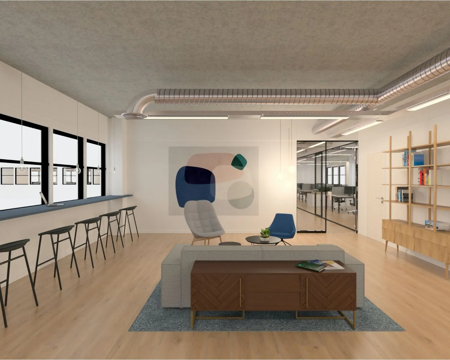 Moderne kantoorruimte met zithoek, bartafel, boekenkast en zicht op open werkruimte aan de Teleportboulevard 120 in Sloterdijk, Amsterdam.