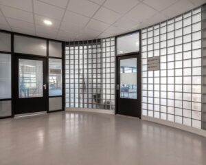 Moderne kantoorruimte met glazen bouwstenen en zwarte deuren aan de Ukkelstraat 2 in Eindhoven.
