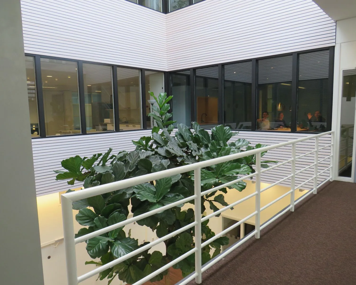 Binnenruimte van kantoor aan de Zekeringstraat 43 in Amsterdam met een binnengalerij, grote plant en ramen met uitzicht op vergaderruimte.