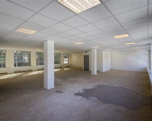 Lege, ruime kantoorruimte met systeemplafond, betonnen vloer en grote ramen aan één zijde.