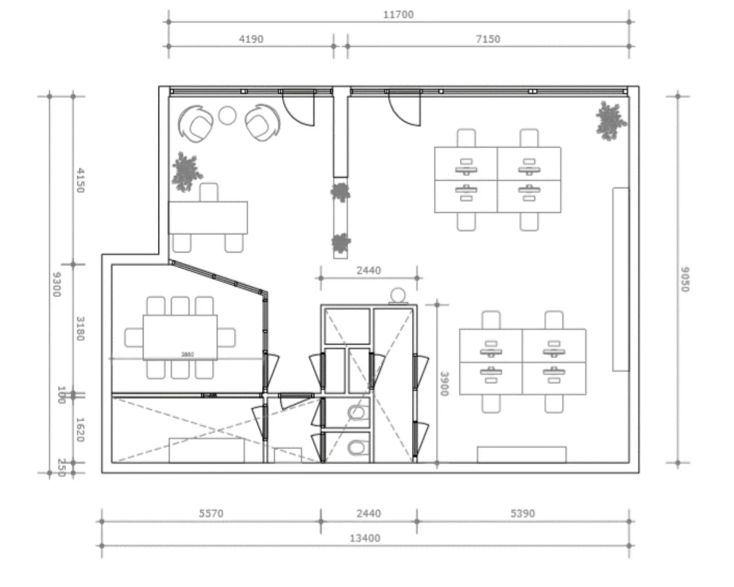 Plattegrond van een kantoorruimte aan de Baron G.A. Tindalstraat 242-244 met werkplekken, vergaderruimte, sanitaire voorzieningen en loungehoek.