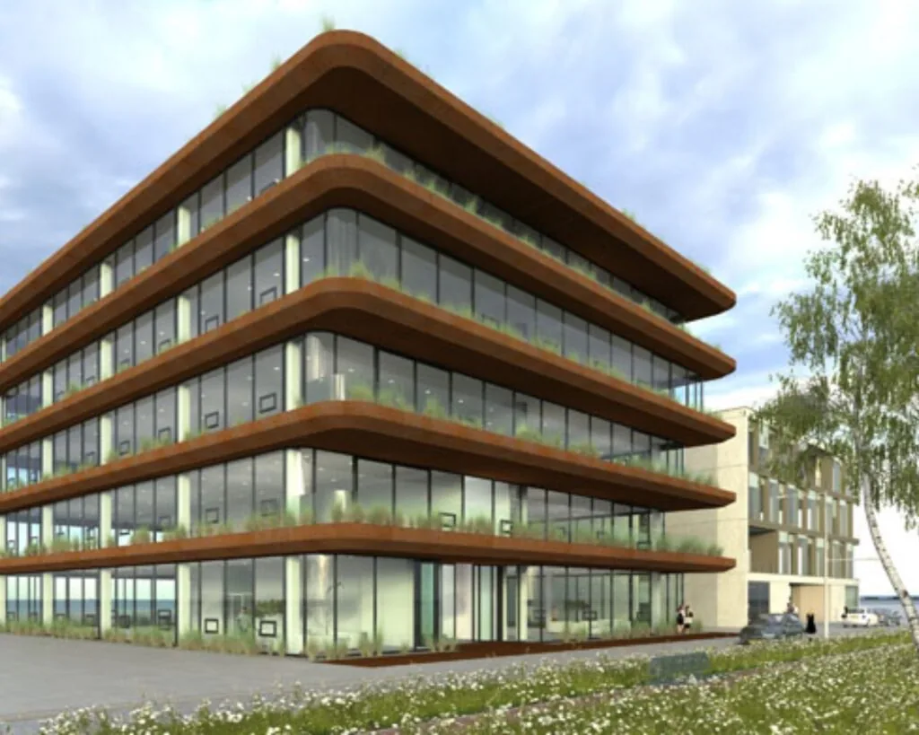 Modern kantoorgebouw aan de Danzigerkade 207 in Amsterdam met glazen gevels en afgeronde terrassen.