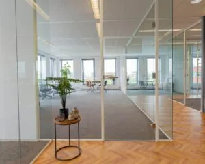 Moderne kantoorruimte aan de Fascinatio Boulevard 562 met glazen wanden, houten visgraatvloer en uitzicht op meerdere vergaderruimtes.