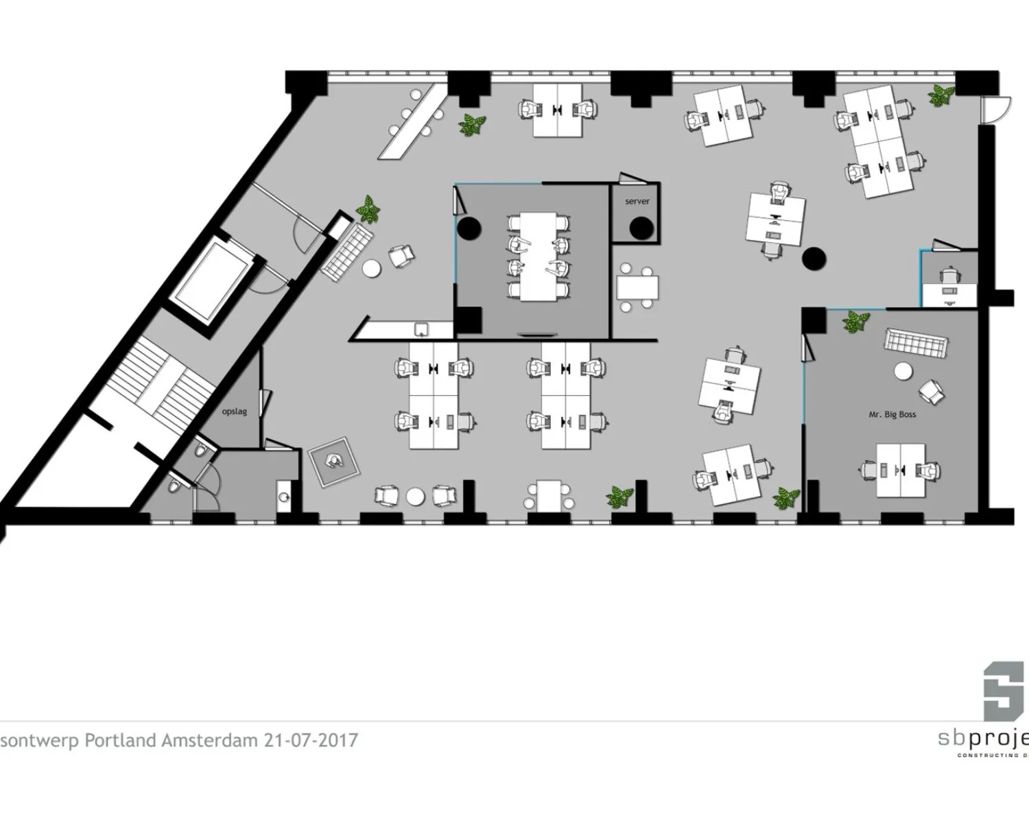 Plattegrond van een moderne kantoorruimte aan de Harry Banninkstraat 51 in Amsterdam met diverse werkplekken, vergaderruimtes en een directiekantoor.