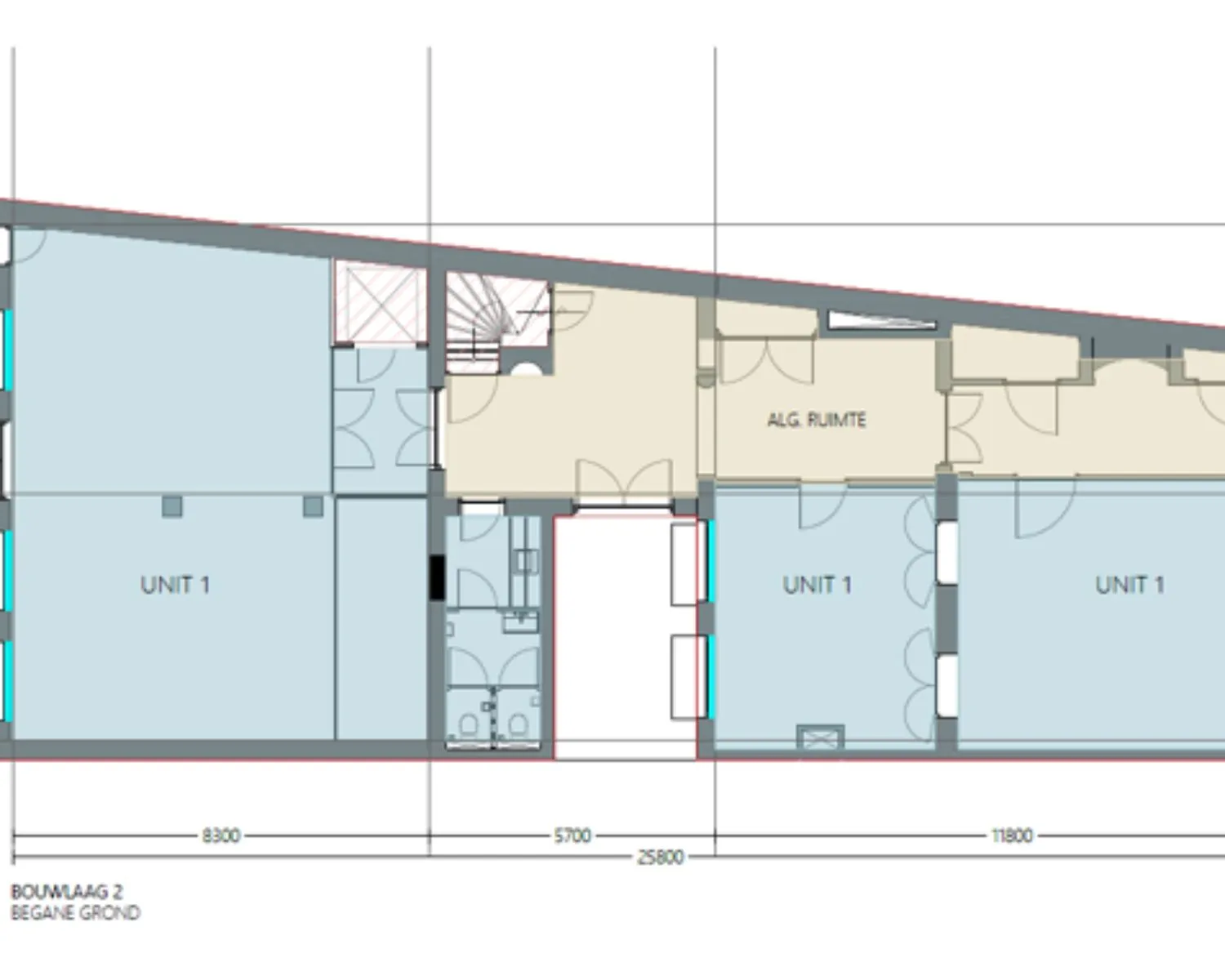 Plattegrond van de begane grond van kantoorruimte aan de Herengracht 174 in Amsterdam met meerdere Unit 1-ruimtes en algemene ruimte.