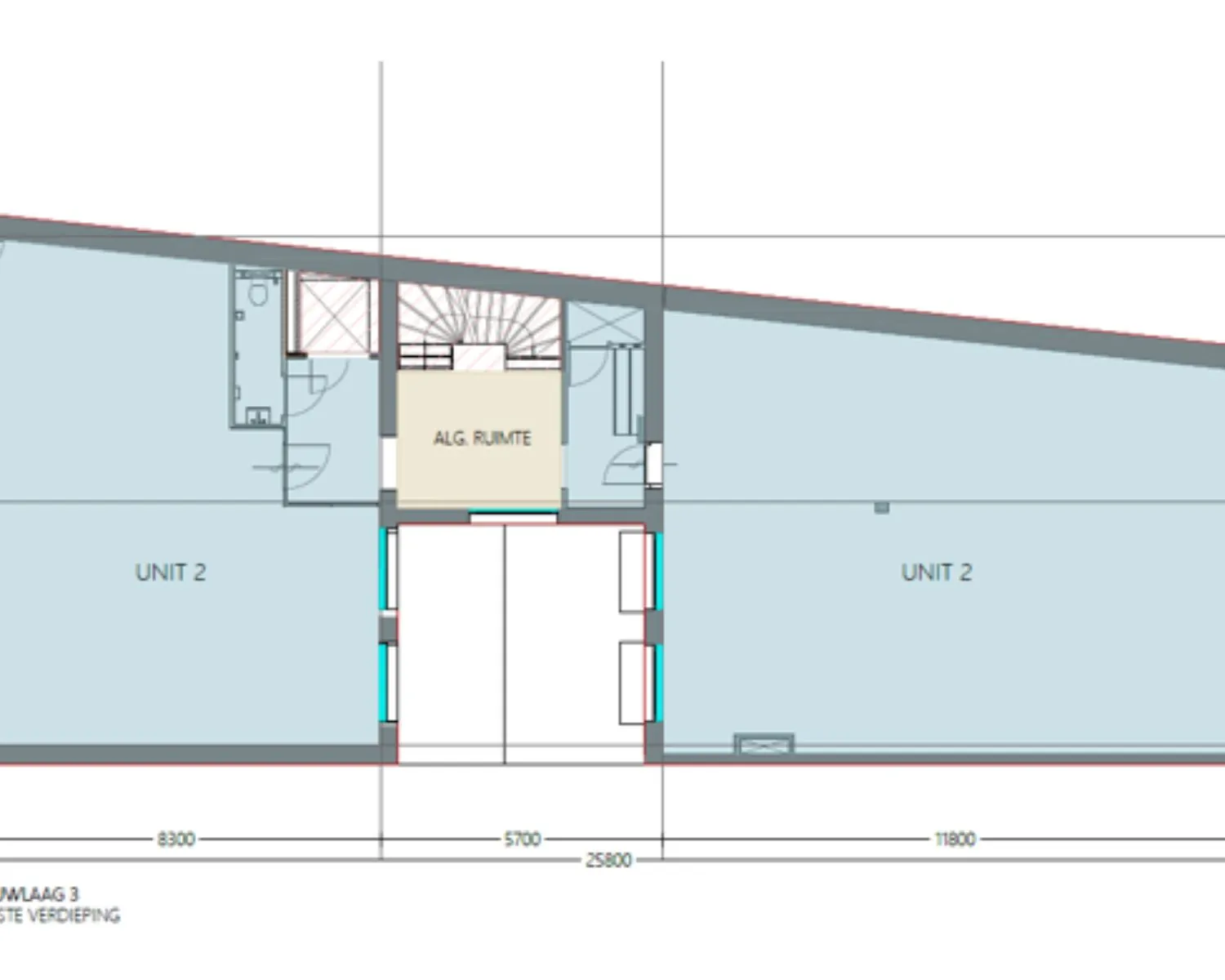 Plattegrond van de eerste verdieping van kantoorruimte Unit 2 aan de Herengracht 174 in Amsterdam, met algemene ruimte en sanitaire voorzieningen.