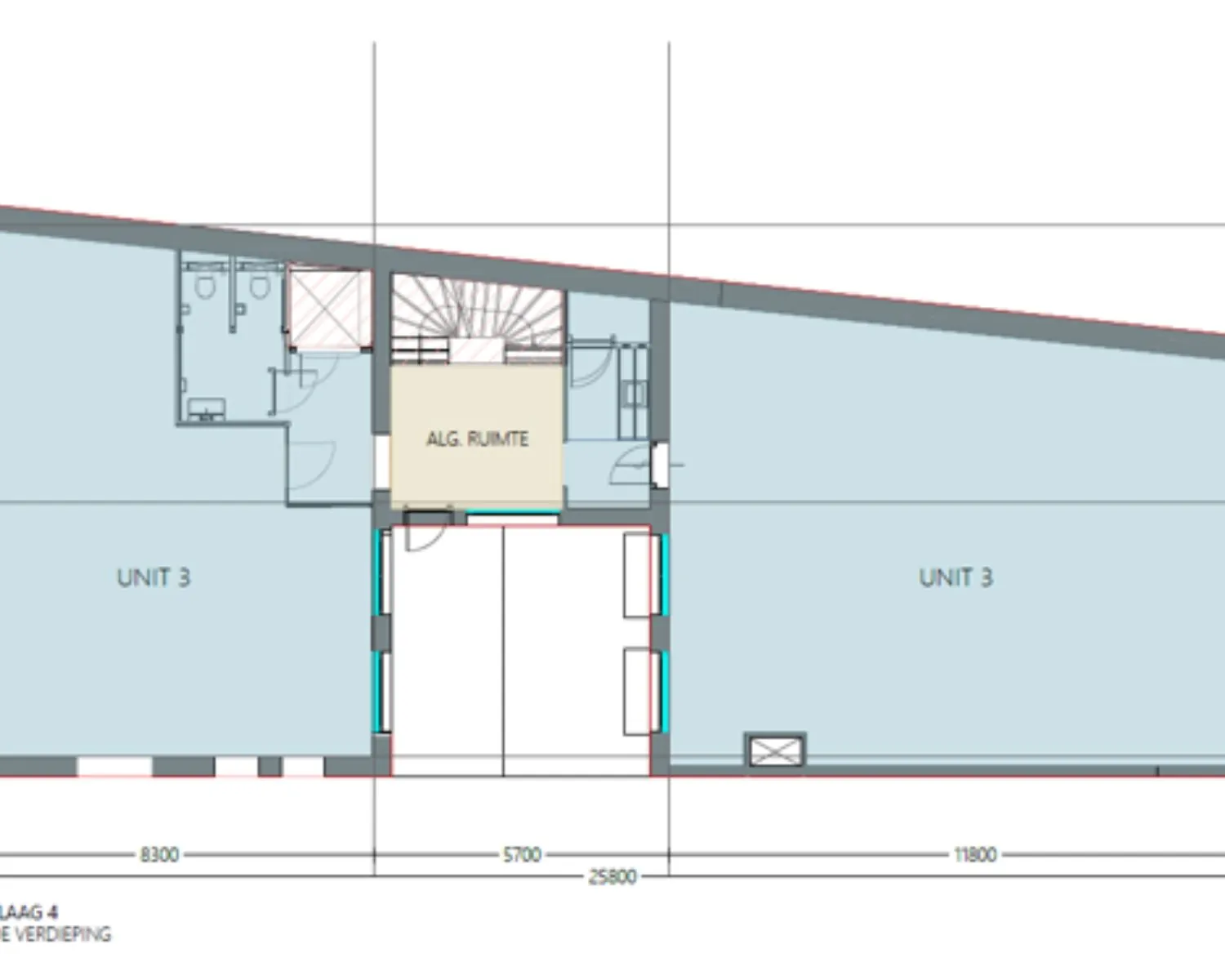 Plattegrond van de vierde verdieping van Herengracht 174 in Amsterdam met kantoorunit 3 en algemene ruimte.