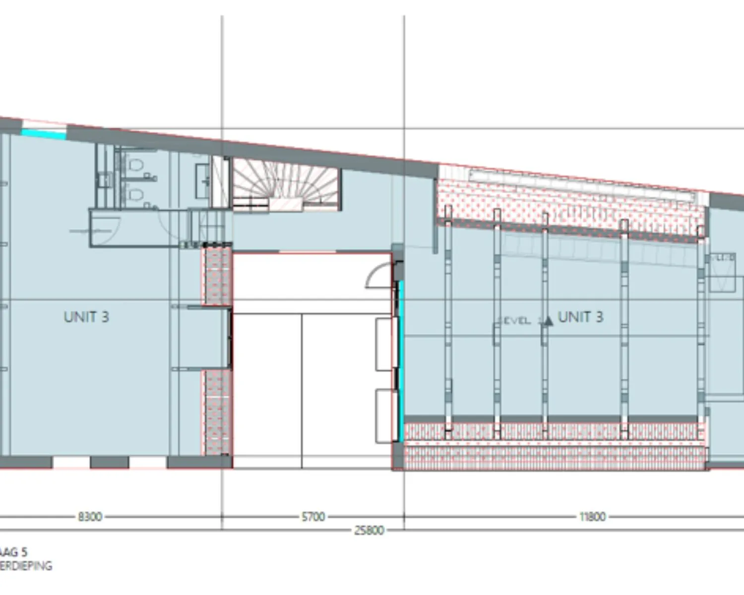 Plattegrond van de vijfde verdieping van kantoorruimte Unit 3 aan de Herengracht 174 in Amsterdam.