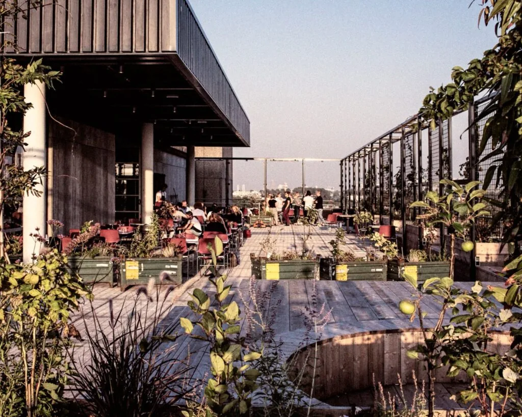 Dakterras met zitplaatsen en planten bij kantoorruimte aan de Johan Huizingalaan 763A in Amsterdam.