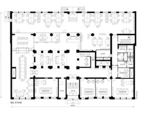 Plattegrond van een kantoorruimte aan de Keizersgracht 617 in Amsterdam met meerdere vergaderzalen, werkplekken, receptie en voorzieningen.