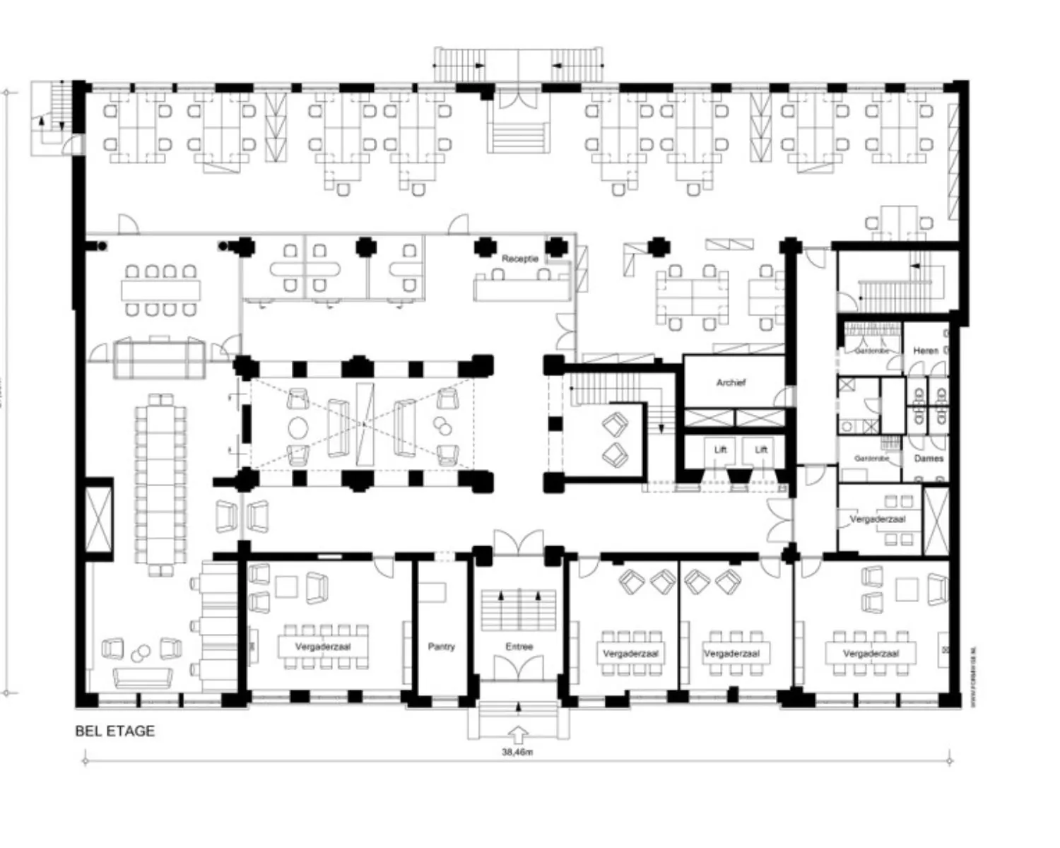 Plattegrond van een kantoorruimte aan de Keizersgracht 617 in Amsterdam met meerdere vergaderzalen, werkplekken, receptie en voorzieningen.